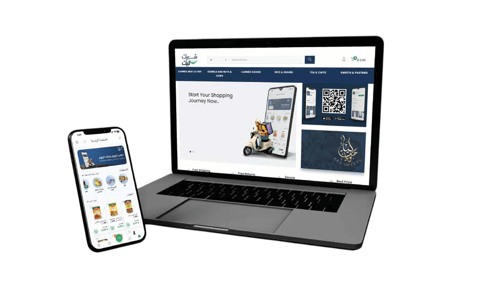 InSoft Online storefront shown on a laptop next to the customer app on a phone