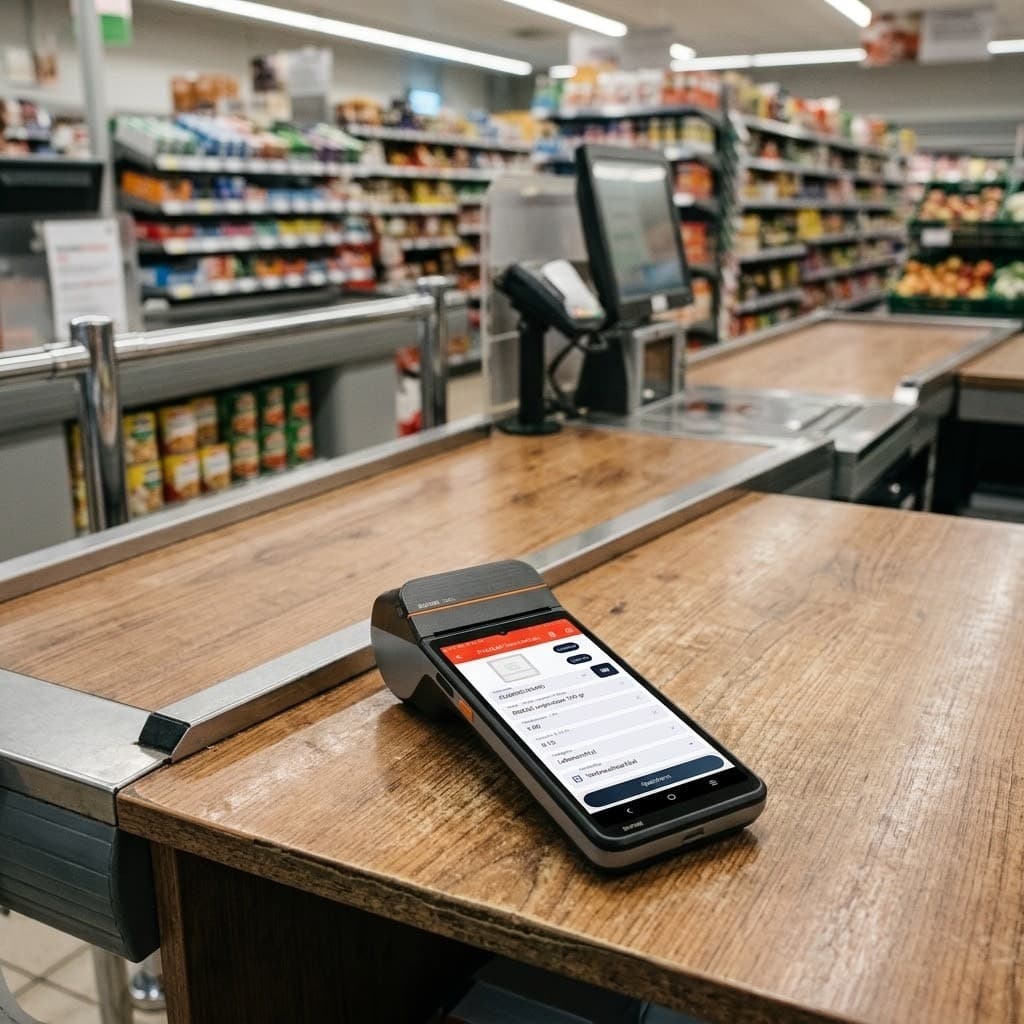 InSoft Produktverwaltung auf einem Sunmi-Handheld an einer Supermarktkasse: scannen, um einen Artikel zu bearbeiten
