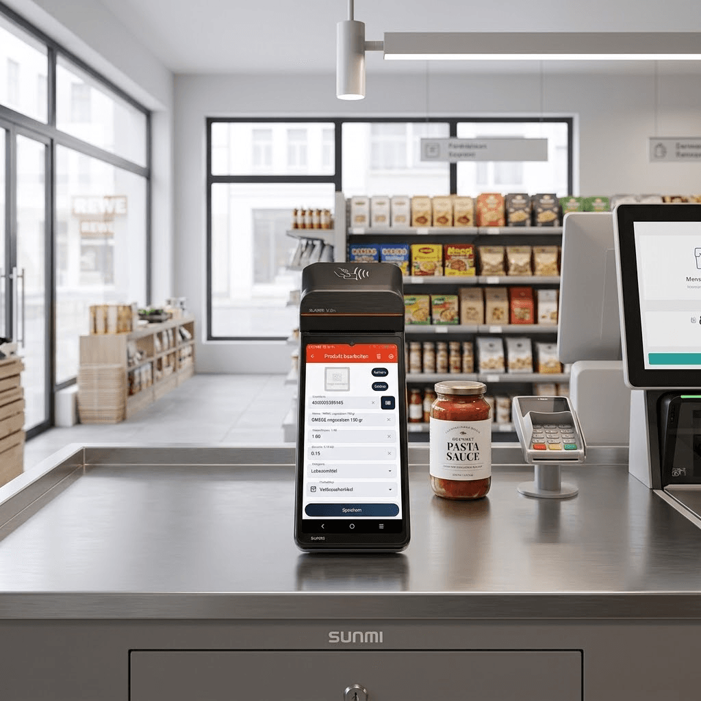 InSoft Produktverwaltung auf einem Sunmi V3H an einer Supermarktkasse: Produktbearbeitung mit Strichcode, Name, Preis und Kategorie