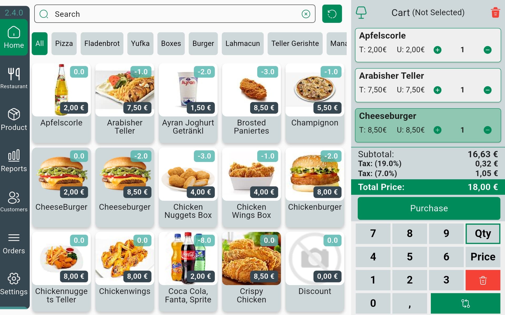 InSoft POS home screen showing the product menu grid and live cart