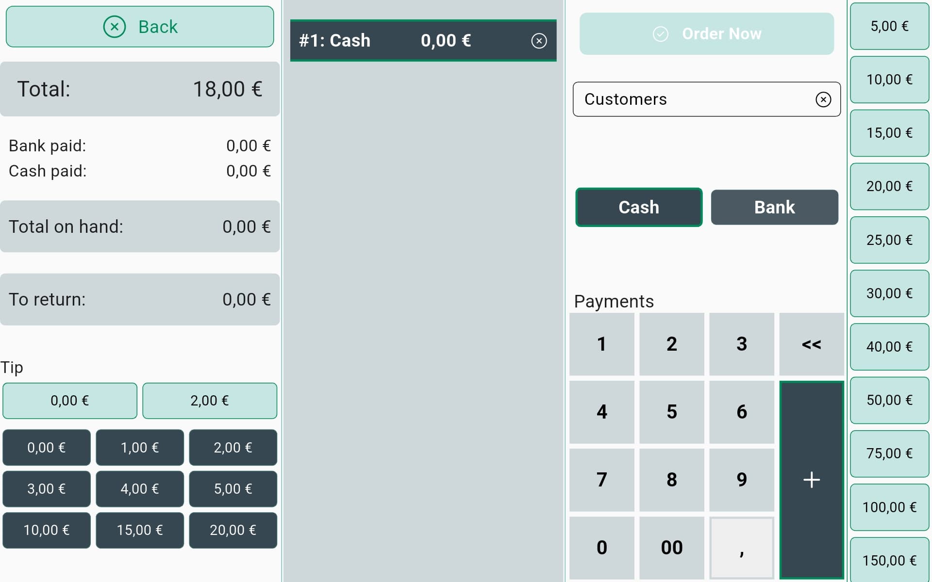 InSoft POS payment screen with cash, bank, tip and numpad