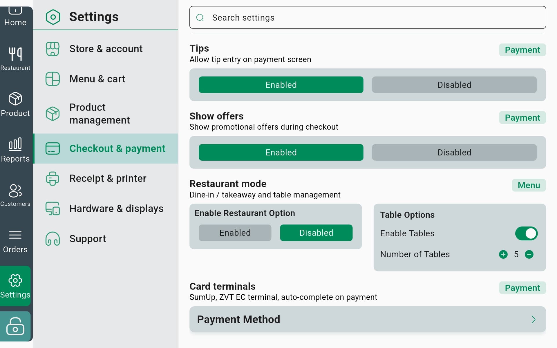 InSoft POS checkout and payment settings