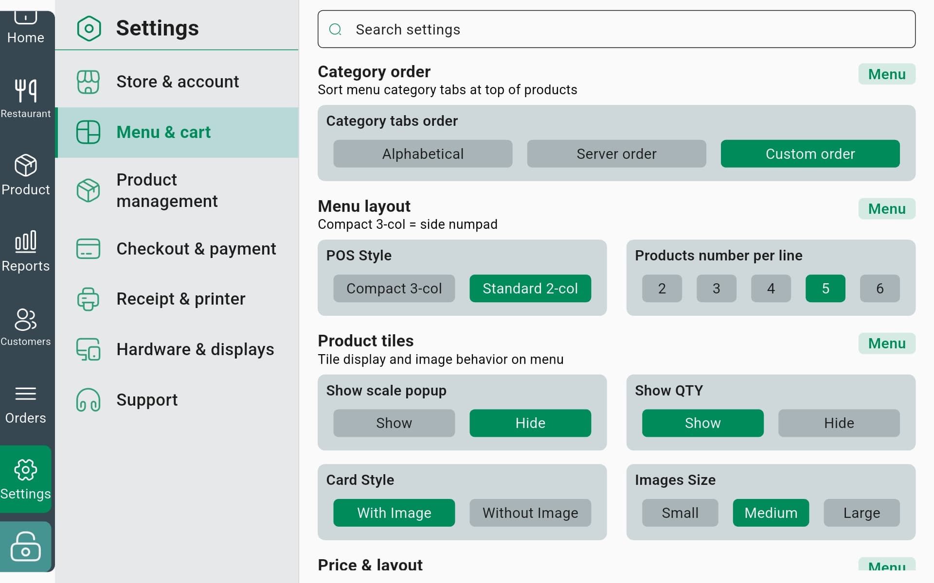 InSoft POS menu and cart settings