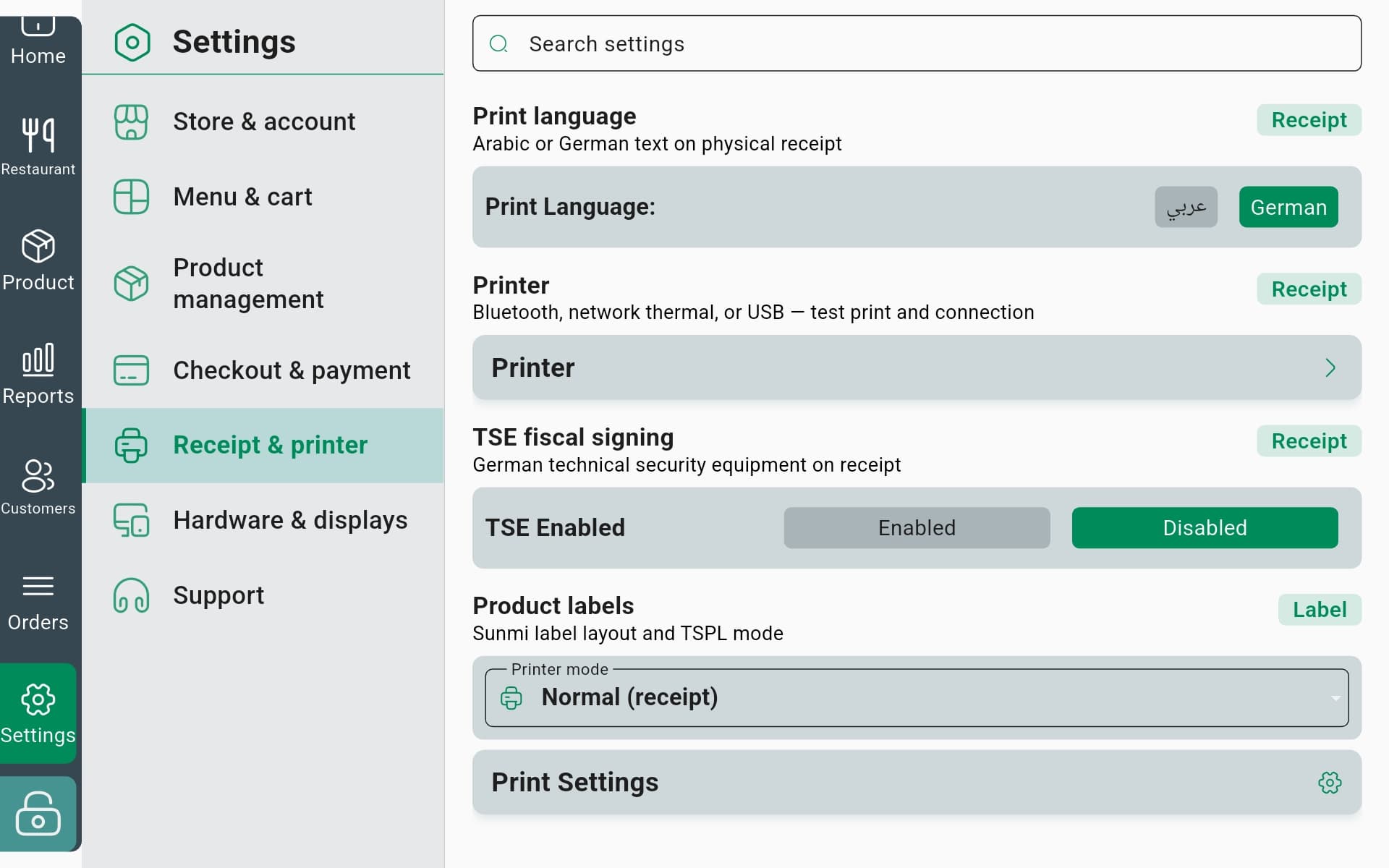InSoft POS receipt and printer settings