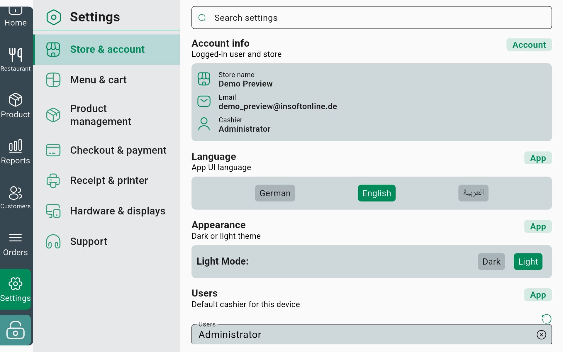 InSoft POS store and account settings