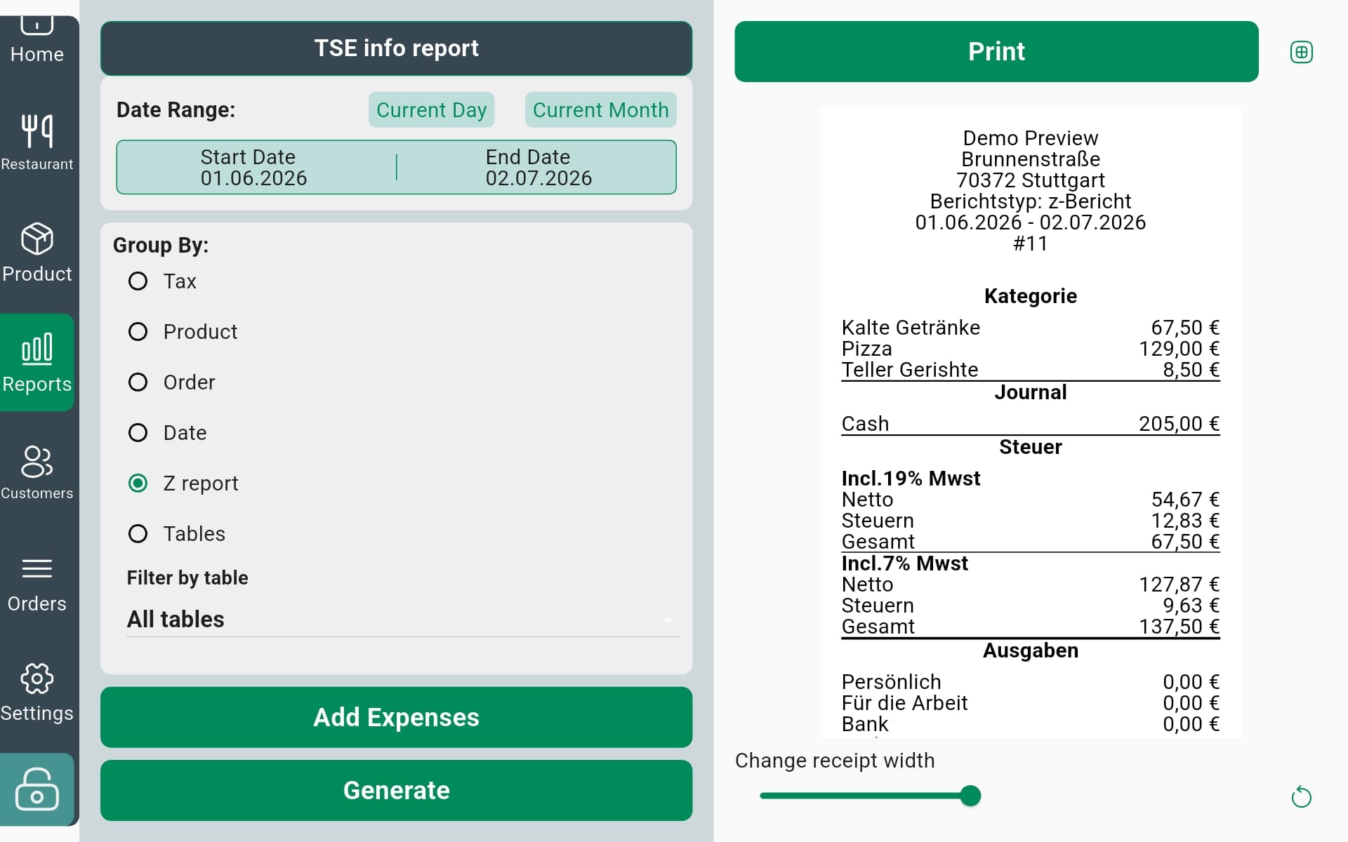 InSoft POS reports screen with TSE info report and Z-Bericht preview