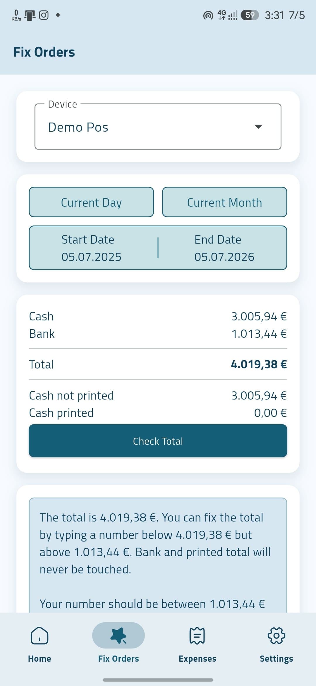 Fix Orders screen showing cash and bank totals, a bold total, cash printed vs not printed, and a Check Total button