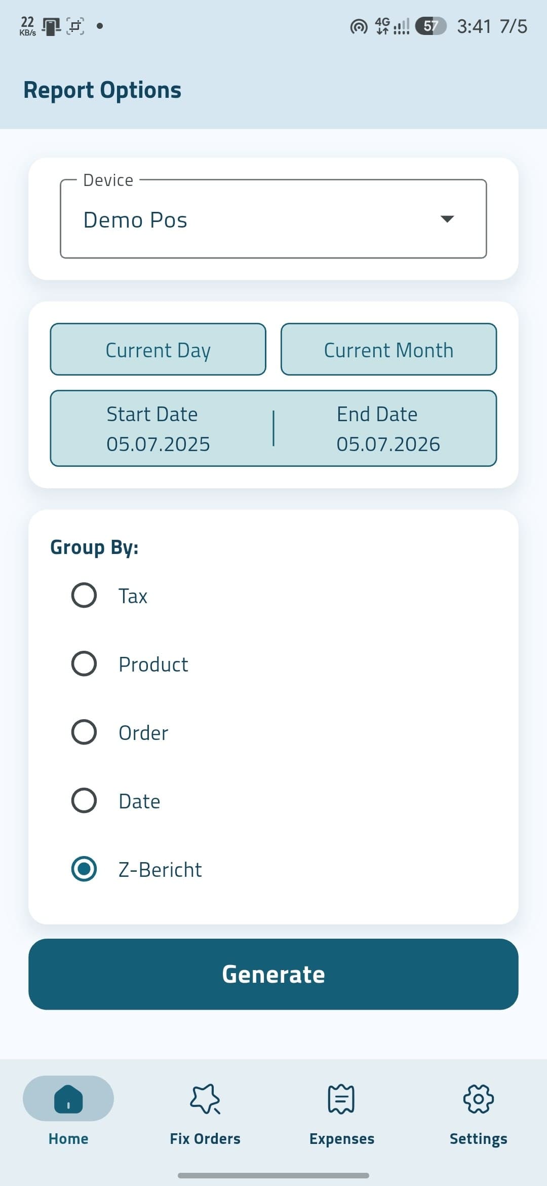 InSoft Reports Z-Bericht for a demo POS showing category, journal and tax sections with euro totals