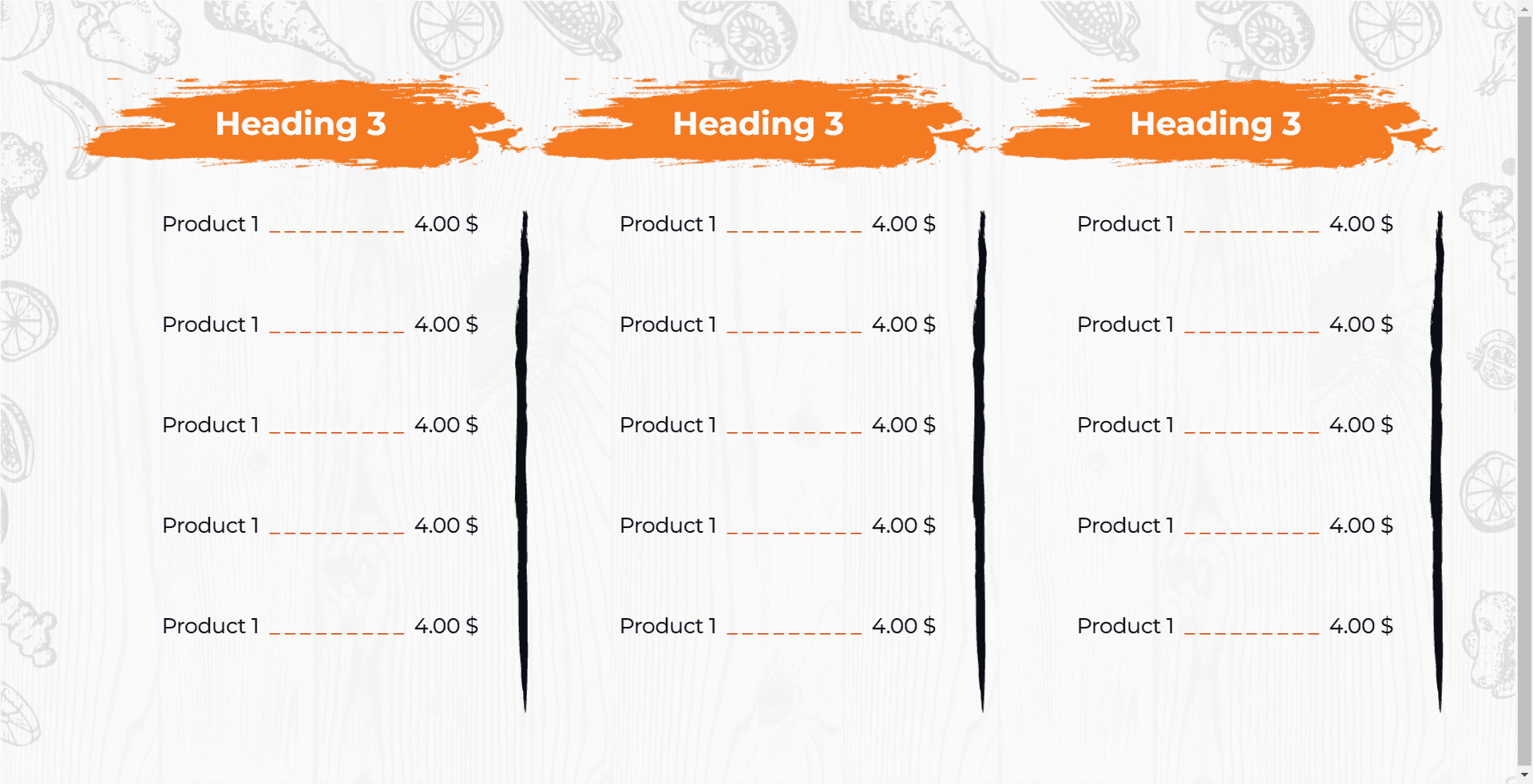 Digital menu board: three light price-list columns with dotted leaders on a wood texture