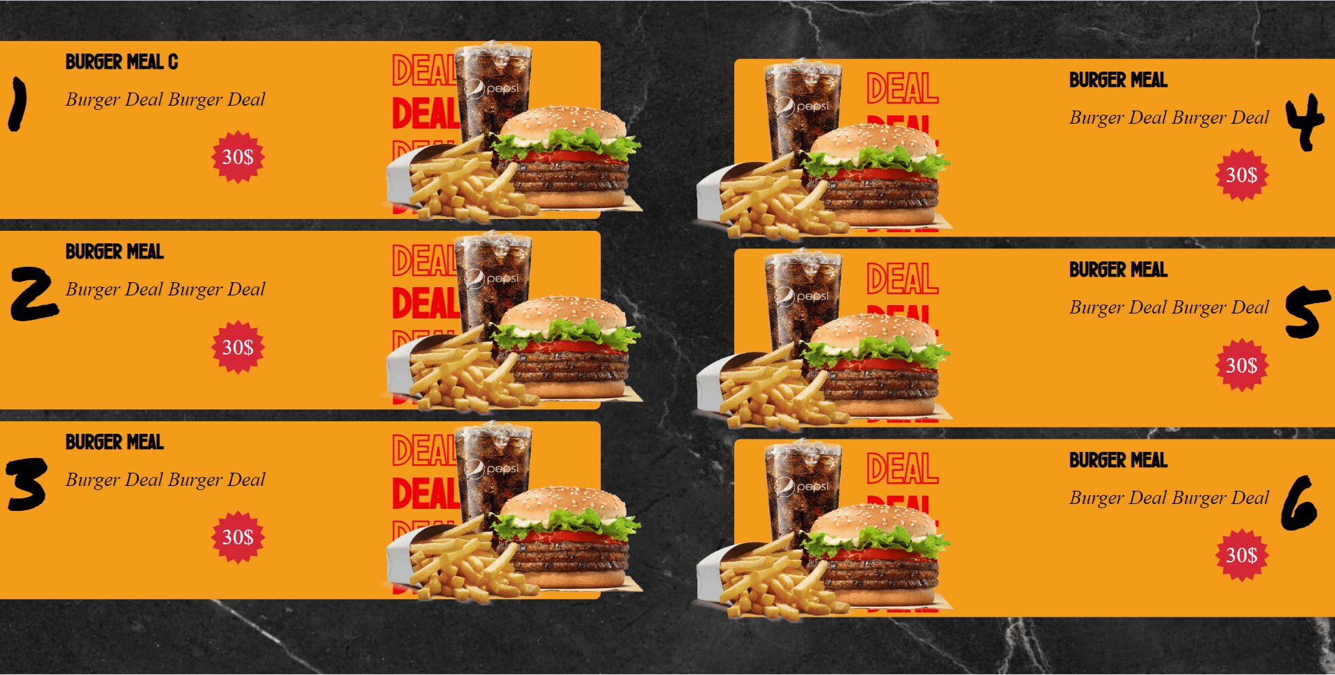 Digital menu board: numbered deal banners with meal photos and prices