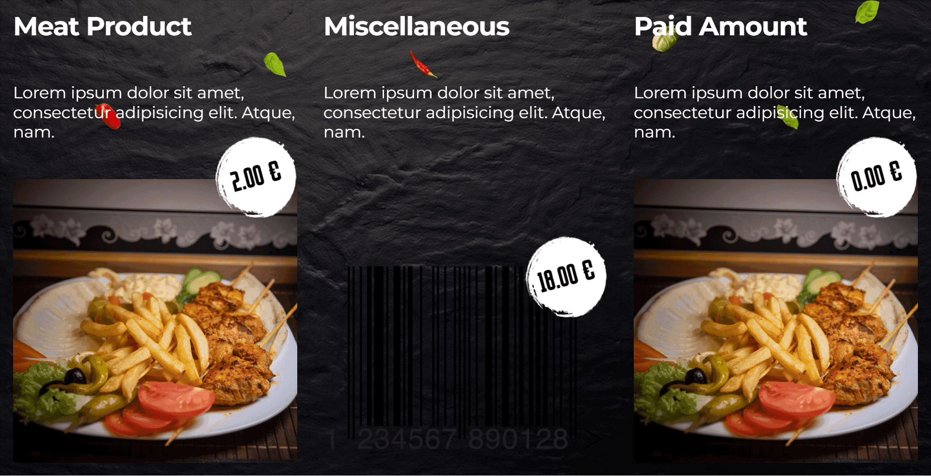 Digital menu board: three dark columns with food photos, descriptions and prices