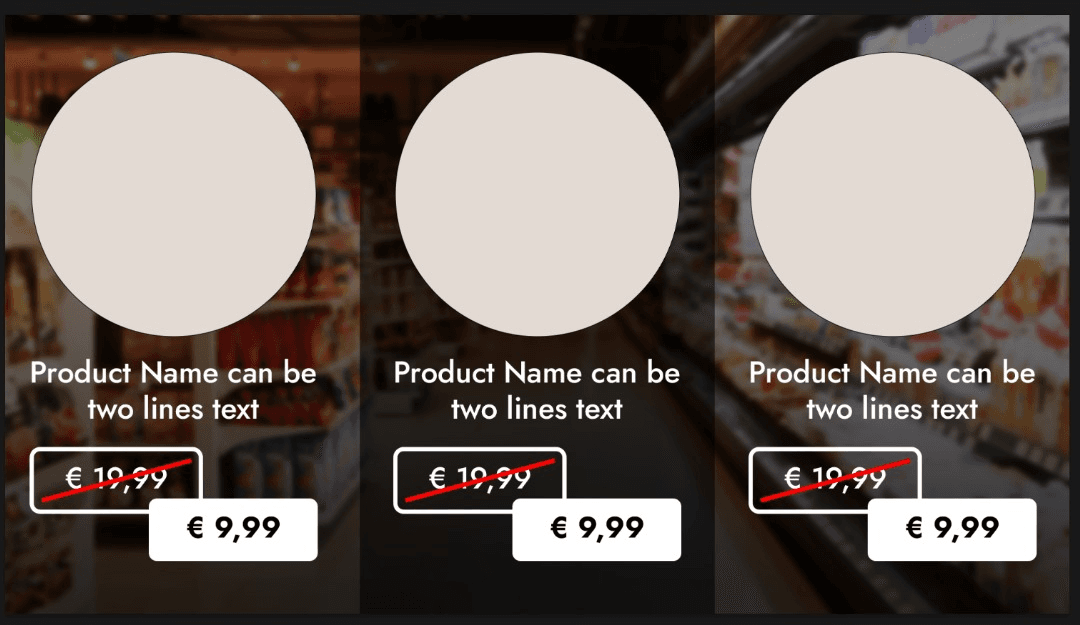 Retail digital shelf screen: three products with a struck-through old price and a highlighted new price