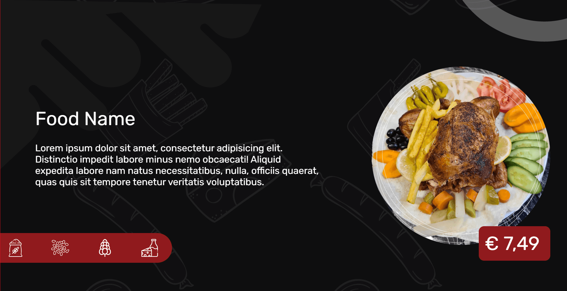 InSoft Screen featured-dish board with description, allergen icons and price