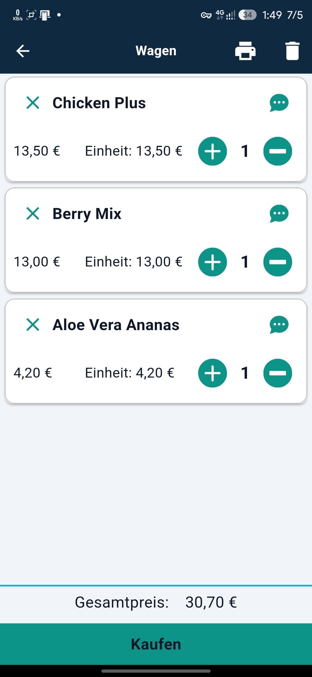 Waiter app cart with line items and totals