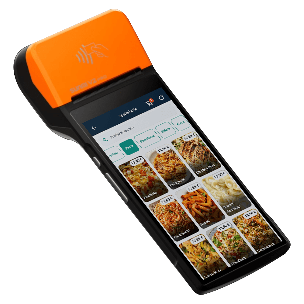 InSoft waiter app on a Sunmi handheld showing the Speisekarte menu