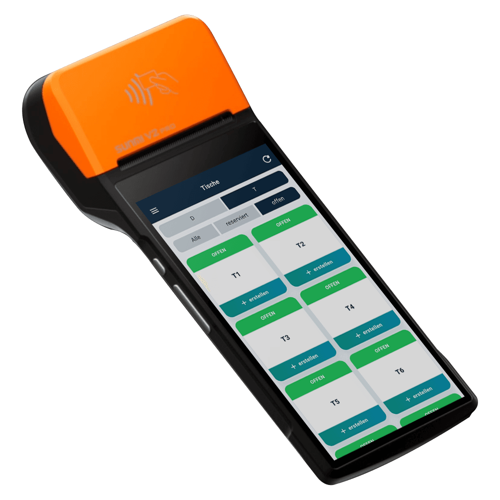 InSoft waiter app on a Sunmi handheld showing the Tische table grid