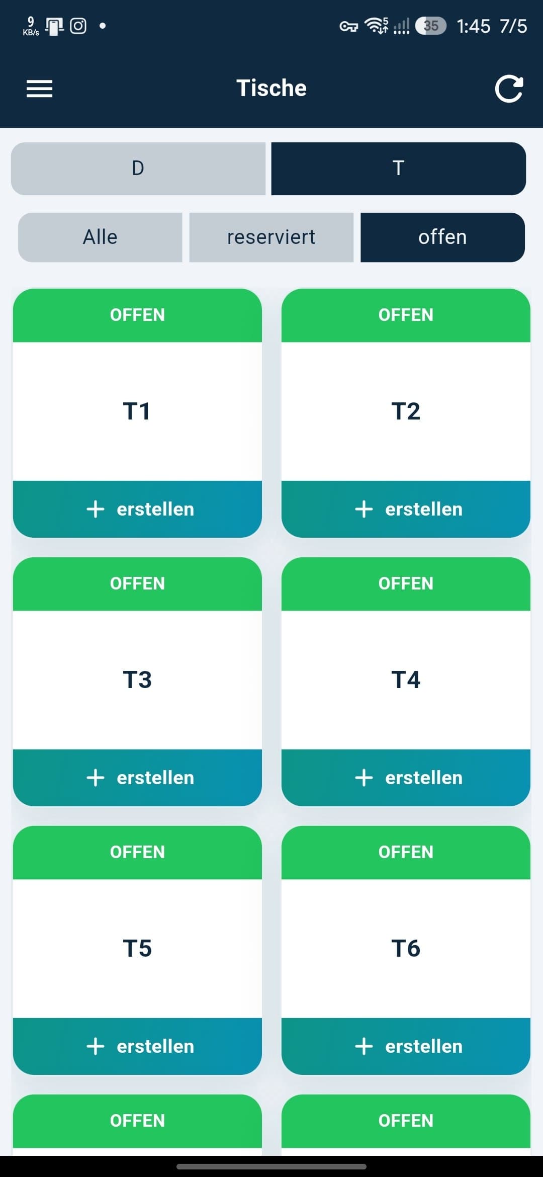 Waiter app Tische screen with colour-coded tables