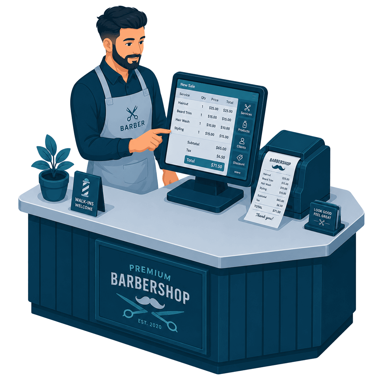 A barber closing a service ticket at the shop reception counter