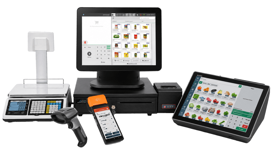 InSoft POS system with Windows till, produce scale, label handheld, scanner and tablet.
