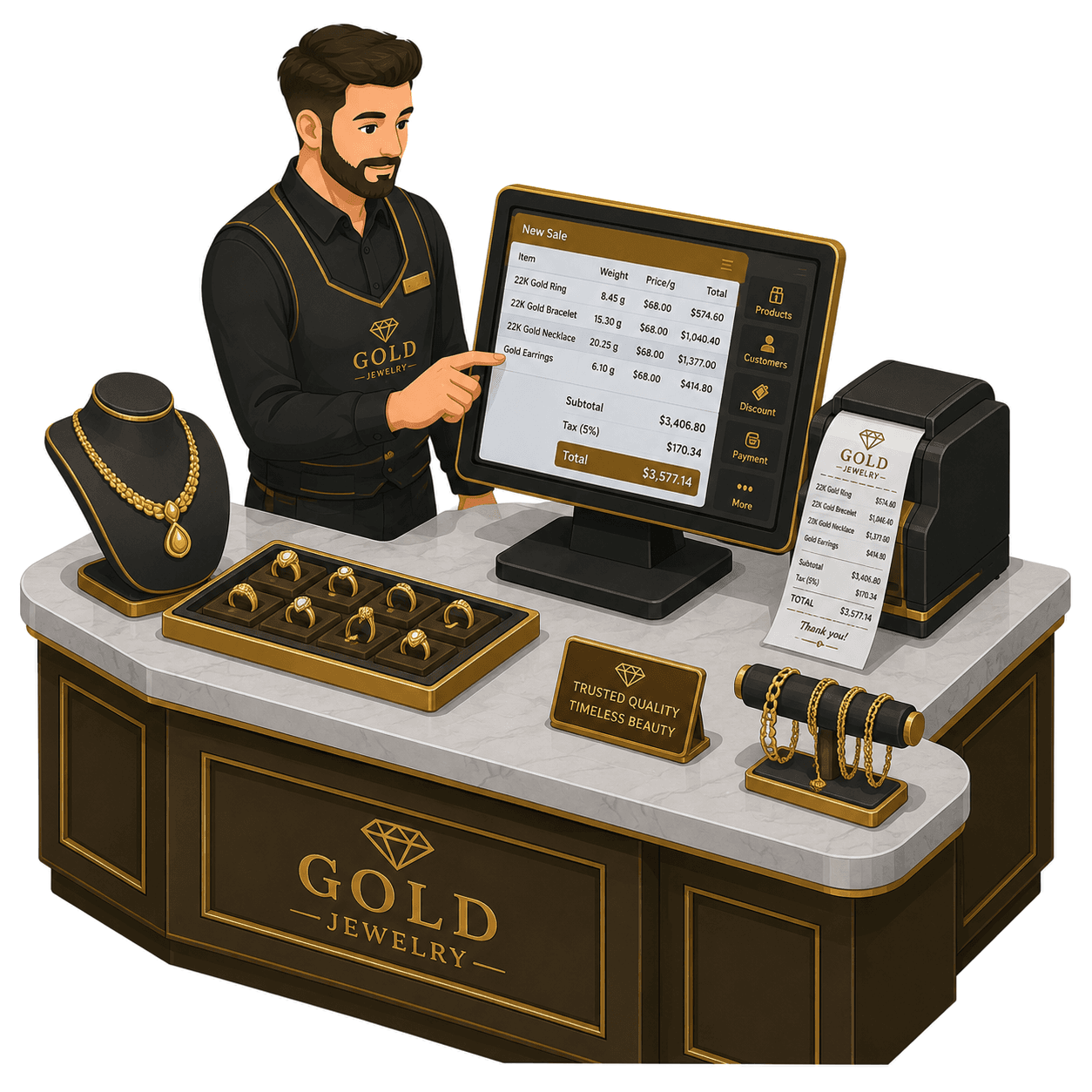 A jeweller pricing gold by the gram at the shop counter