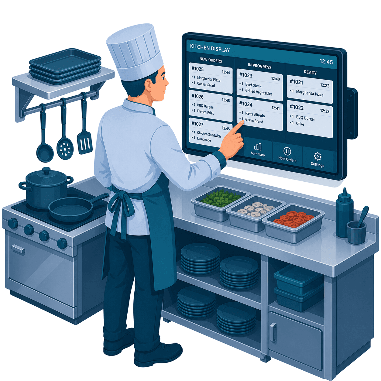 A chef working in front of a wall-mounted kitchen display showing live orders