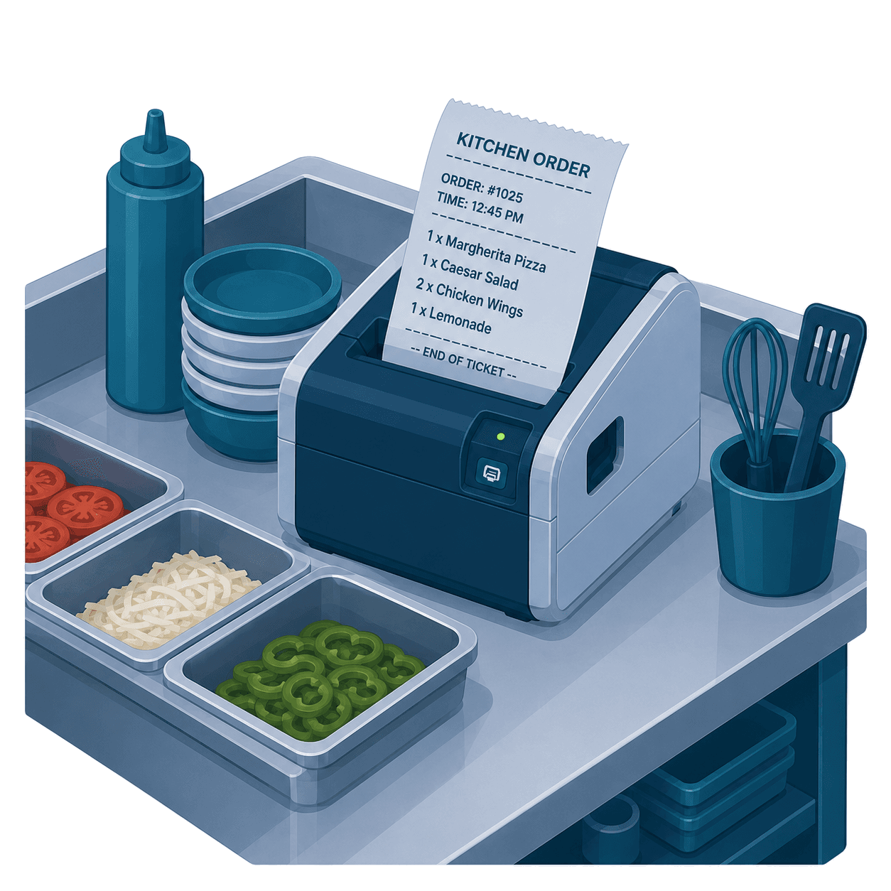 A thermal kitchen printer producing an order ticket on a prep counter