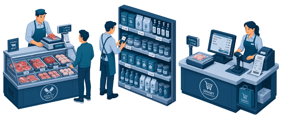 A supermarket: a deli scale with label printer, a worker pricing shelves with a handheld and the checkout counter