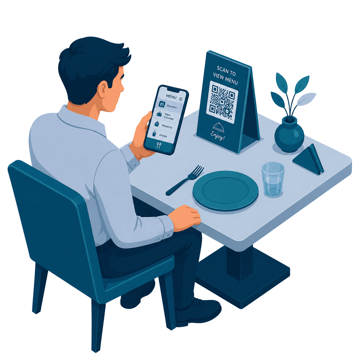 A guest scanning a QR code at the table to open the menu on a phone