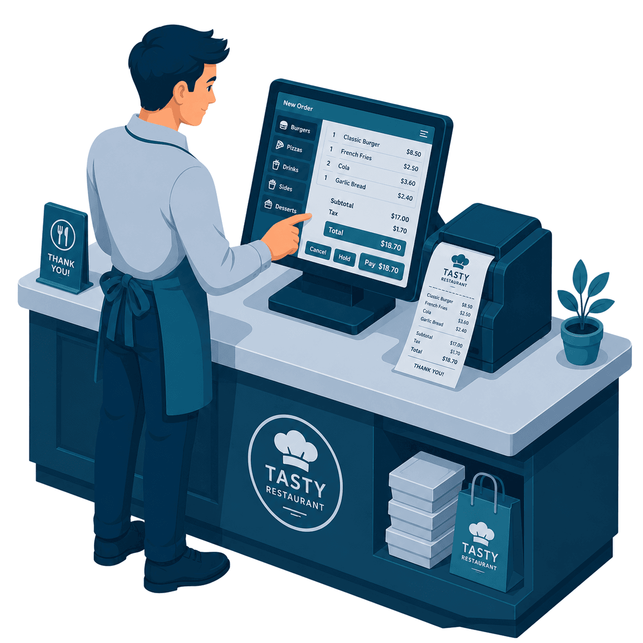 A restaurant cashier closing a sale on a Windows POS counter