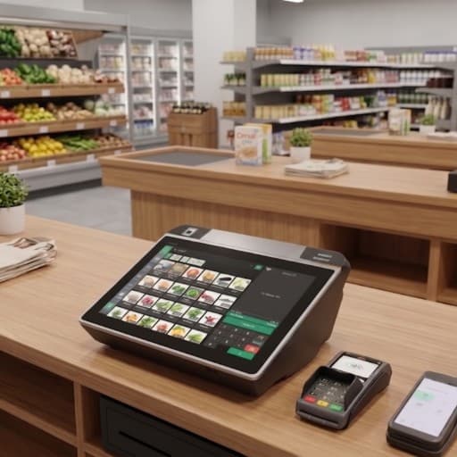 Android supermarket till on a corner-shop counter with a photo product grid, card terminal and handheld beside it