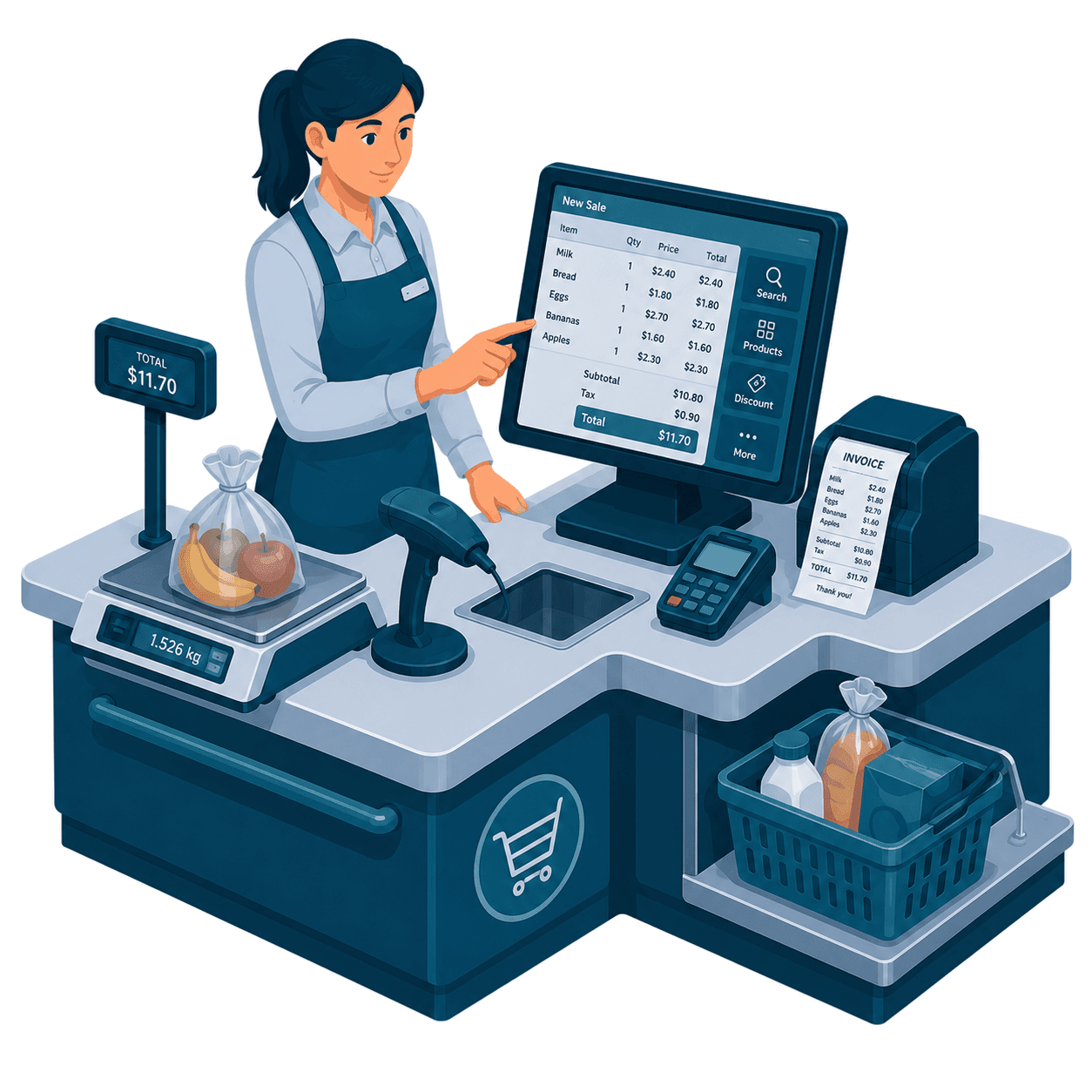 A supermarket checkout counter with scale, scanner, card terminal and customer display