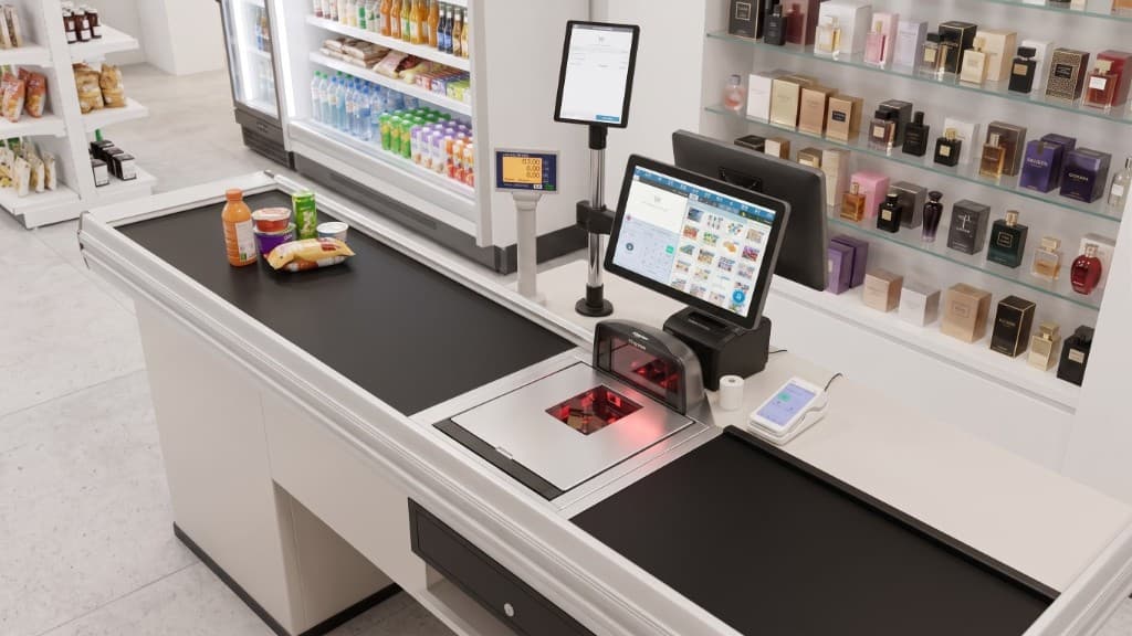 Supermarket conveyor-belt checkout with an integrated Mettler Toledo scale, dual-screen InSoft POS, customer displays and a card terminal