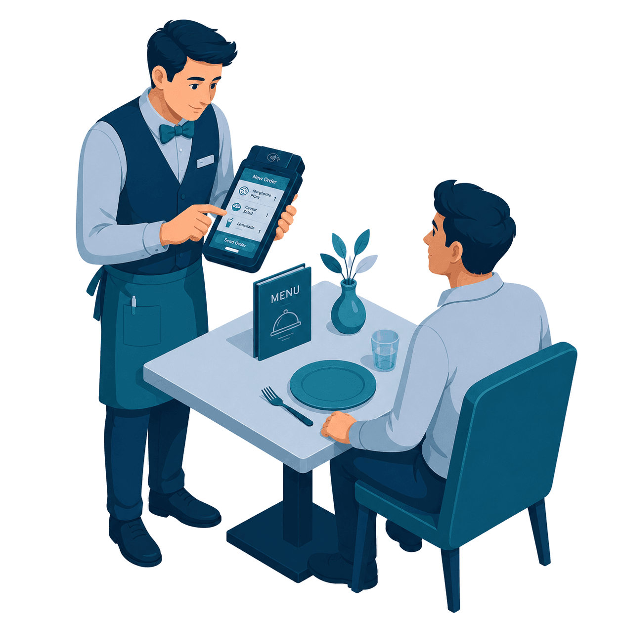 A waiter taking an order at the table on a handheld POS