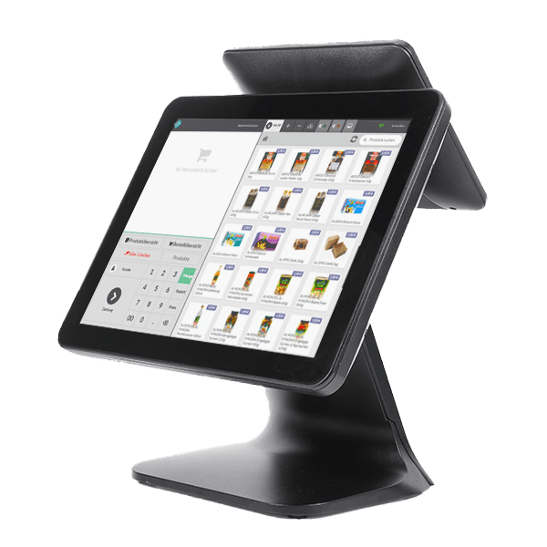 InSoft POS running on a tablet on a stand, number pad and empty cart on the left, product grid with real products on the right