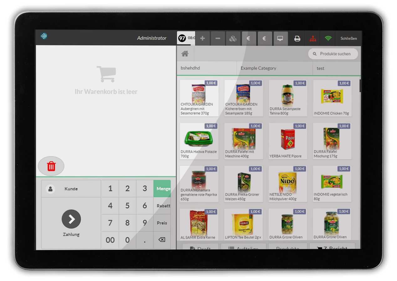 InSoft POS desktop, cart, number pad and product grid