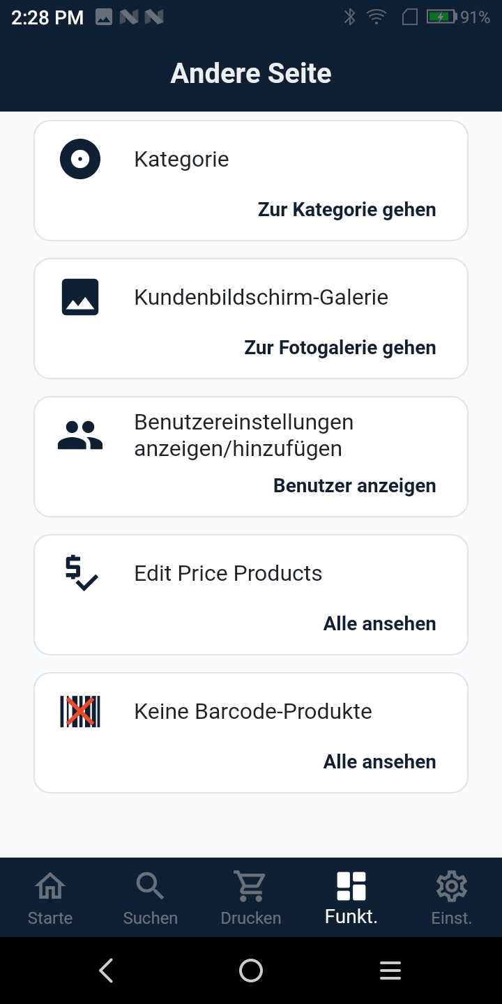 Product Manager tools list with category, customer display gallery, user settings and price editor options