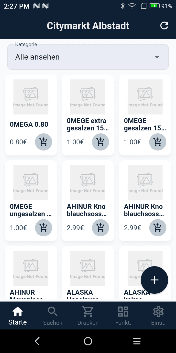 Product Manager home screen with a category filter and product cards showing name and price