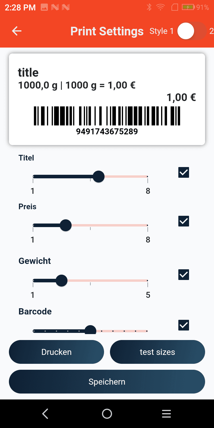 Product Manager Print Settings screen with a live label preview and title, price, weight and barcode size sliders