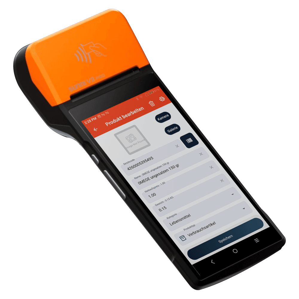 InSoft Product Manager on a Sunmi handheld showing the product edit screen with barcode, name, price, weight and category fields