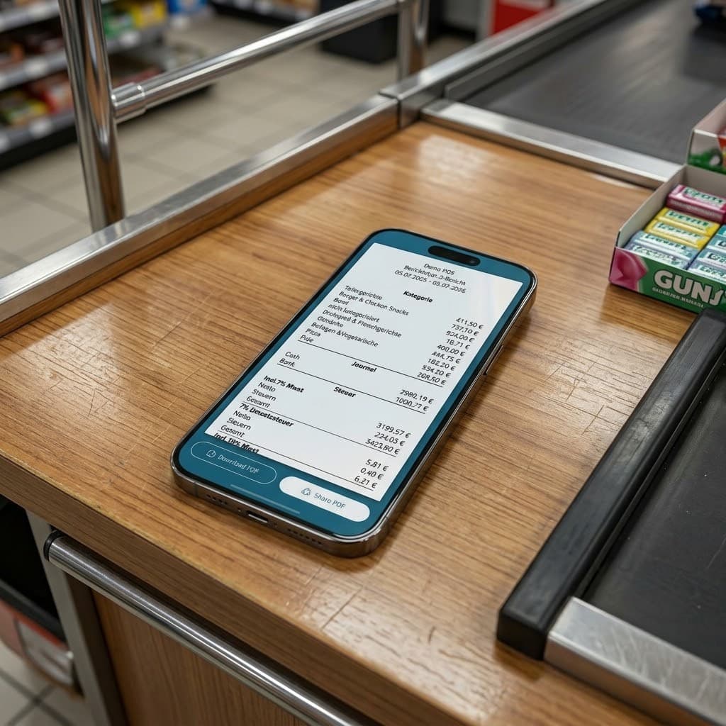 InSoft Reports Z-Bericht auf einem Handy an einer Supermarktkasse: Kategorien, Bargeld, Steuer und PDF-Freigabe