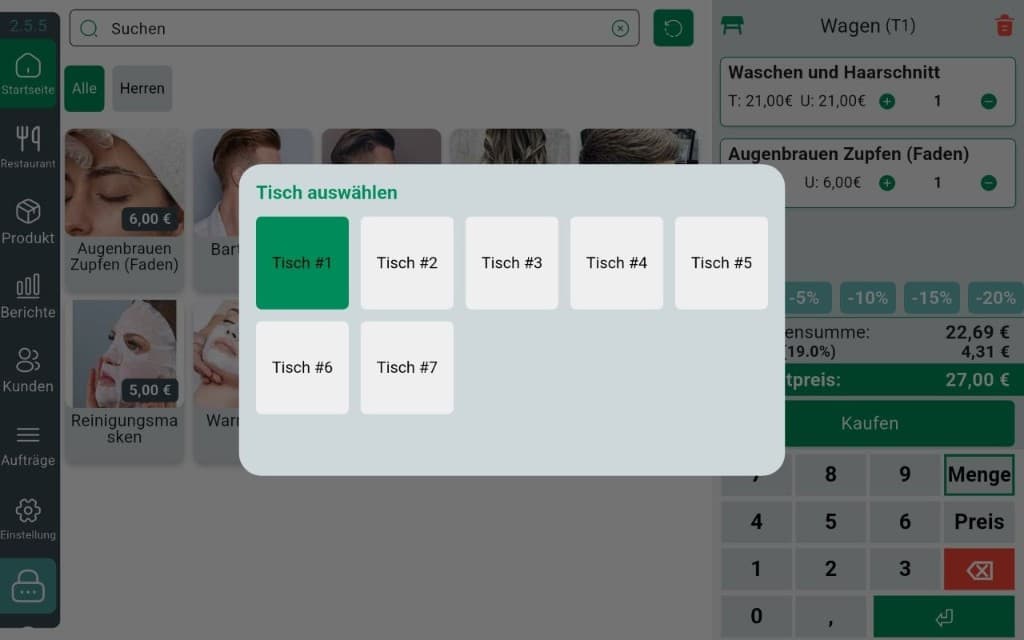 InSoft Barber Android-Kasse: Stuhl wählen (Tisch 1–7) über Fotokatalog und Warenkorb