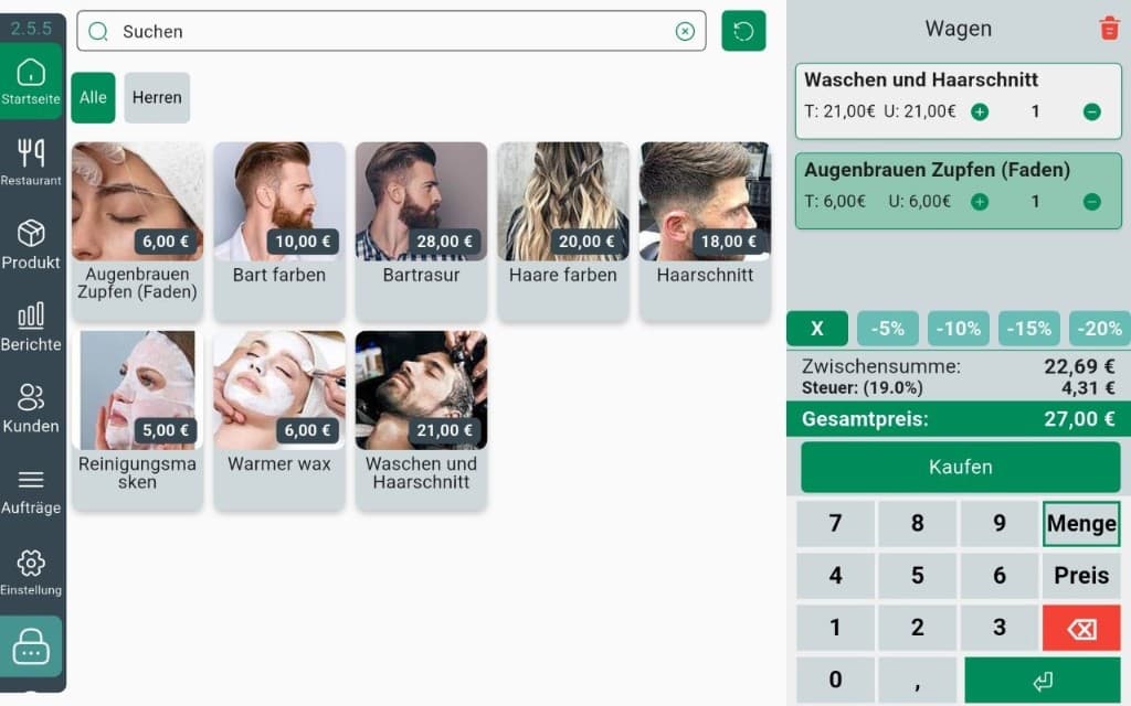 InSoft Barber Android-Kasse: Fotokatalog mit Warenkorb, Kategorien und Preisen
