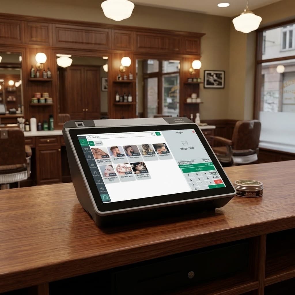All-in-one Friseur-Kasse auf einer Holztheke: Fotokatalog, Kassenschublade und Bondrucker