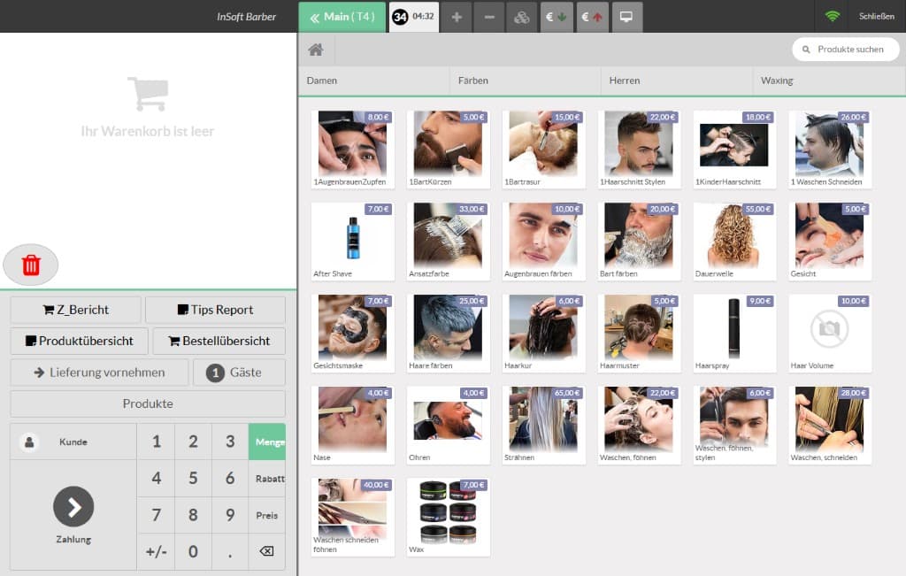 InSoft Barber Windows POS: photo service catalog with cart, categories and prices
