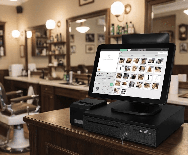 All-in-one Friseur-Kasse auf einer Holztheke: Fotokatalog, Kassenschublade und Bondrucker