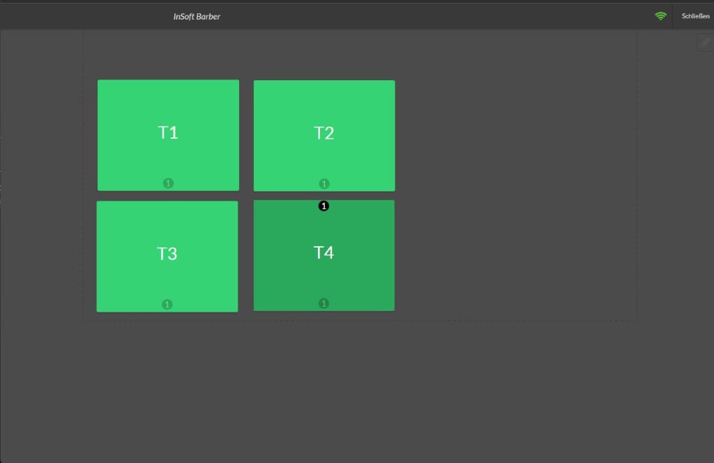 InSoft Barber Windows chair board: chairs T1–T4 on a dark till screen