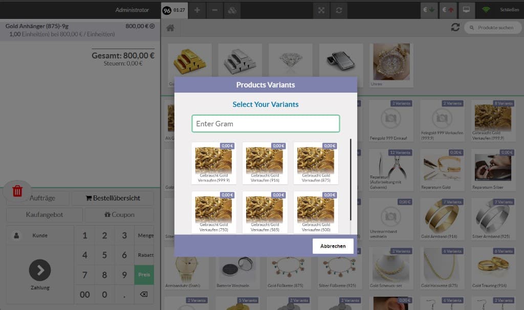 InSoft jewelry POS buy-in screen: select gold purity variants and enter grams for a customer purchase invoice