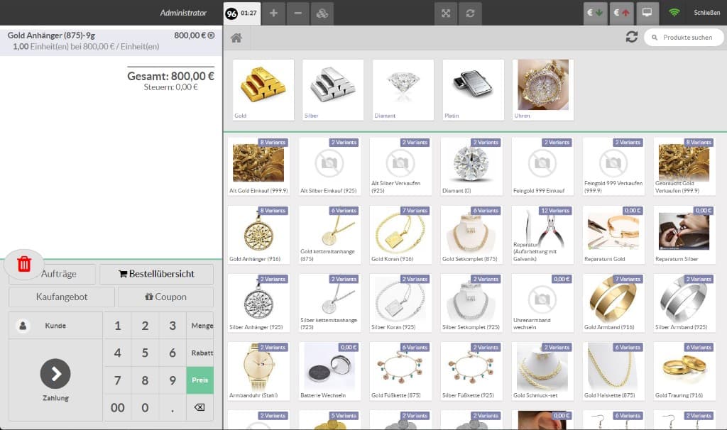 InSoft jewelry POS software for gold shops: product grid of gold bars, silver, diamonds and watches with live cart and gram pricing on Windows