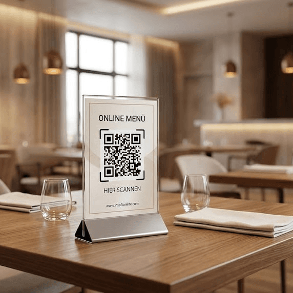 حامل QR من انسوفت على طاولة مطعم: ستاند القائمة مع رمز المسح والكؤوس والمناديل