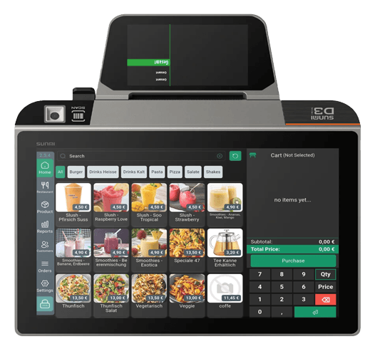 InSoft Android POS on a Sunmi D3: sell screen with photo menu, categories, cart and keypad